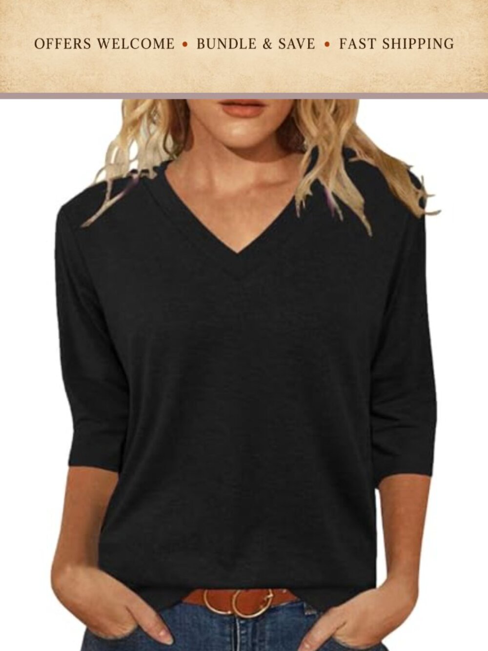 Women's 3/4 Sleeve V Neck Tunic Top Loose Fit Basic Tee
